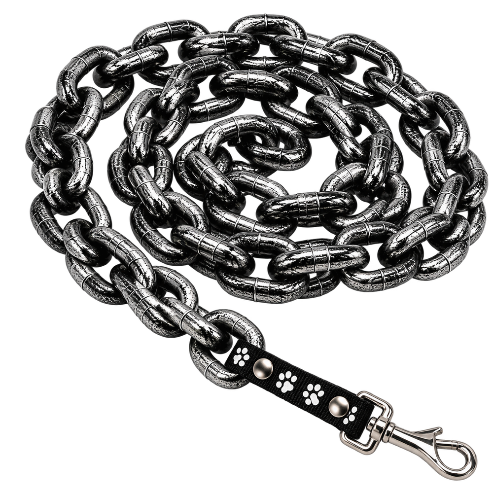 DogChain avec de grands maillons noirs, une poignée à motifs de pattes et un mousqueton